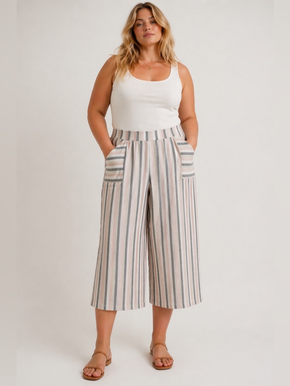 Cato Striped Wide-Leg Crop Pants in Beige, Gray and Cream plus size